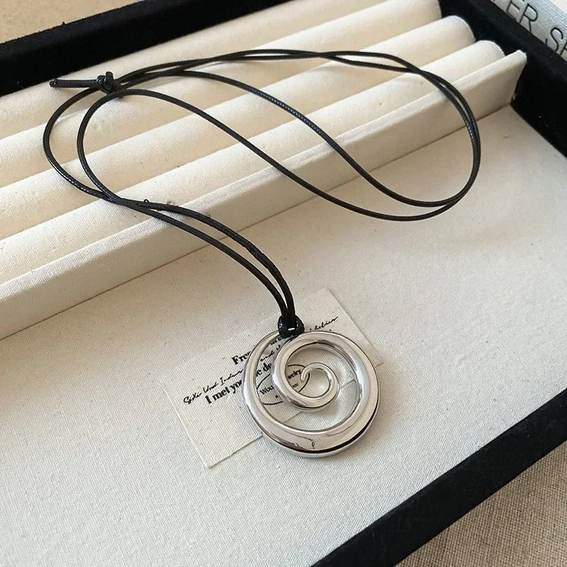 Punk Silver Color Metal Large Spiral Vortex Pendant Necklace For Women Men Long Leather Rope Sweater Chain Necklaces Jewelry