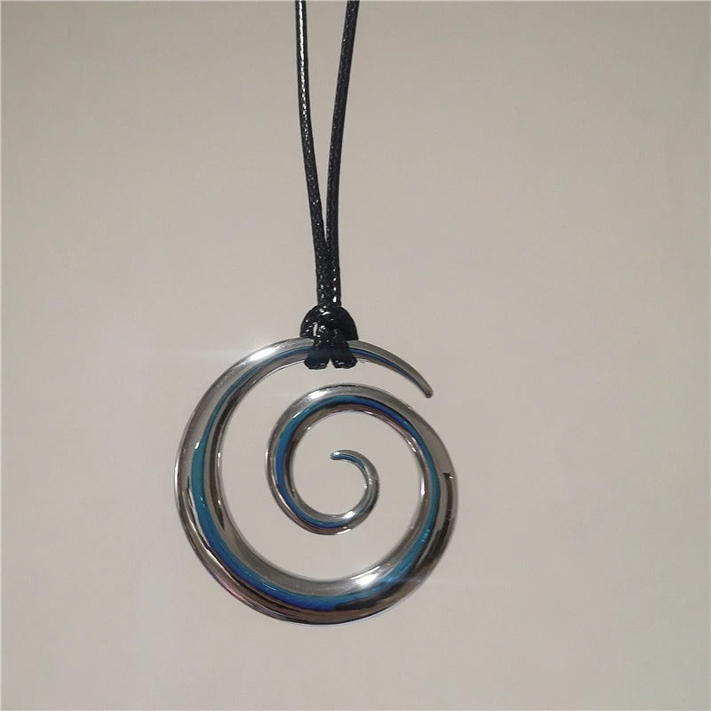 Punk Silver Color Metal Large Spiral Vortex Pendant Necklace For Women Men Long Leather Rope Sweater Chain Necklaces Jewelry