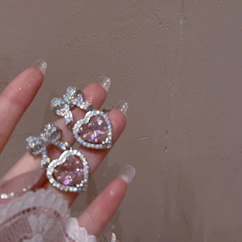 Exquisite Pink Heart Shape Bowknot Stud Earrings For Women Shining CZ Zircon Love Earring Girl Wedding Party Temperament Jewelry