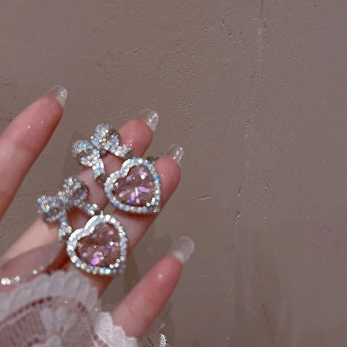 Exquisite Pink Heart Shape Bowknot Stud Earrings For Women Shining CZ Zircon Love Earring Girl Wedding Party Temperament Jewelry