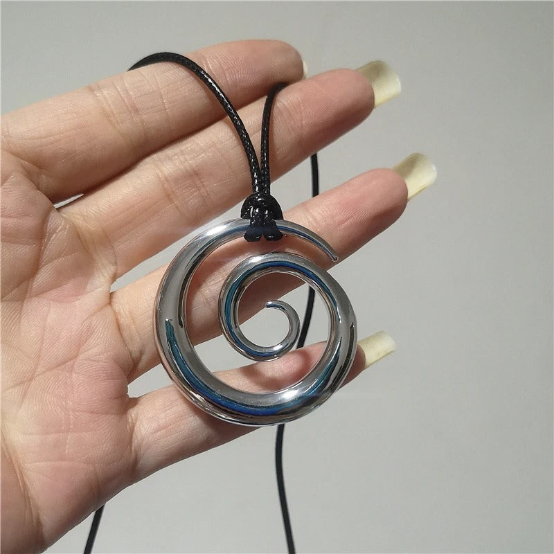 Punk Silver Color Metal Large Spiral Vortex Pendant Necklace For Women Men Long Leather Rope Sweater Chain Necklaces Jewelry