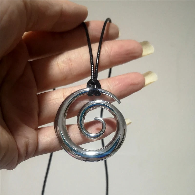 Punk Silver Color Metal Large Spiral Vortex Pendant Necklace For Women Men Long Leather Rope Sweater Chain Necklaces Jewelry